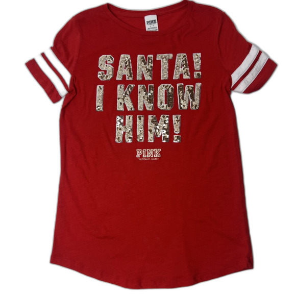 Red “Santa, I Know Him!” Christmas Shirt – Size S/P (Victoria’s Secret PINK) - Picture 2 of 7